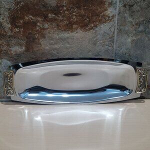 Vintage Chrome Long Serving Tray Gold Brass Ornate Handles